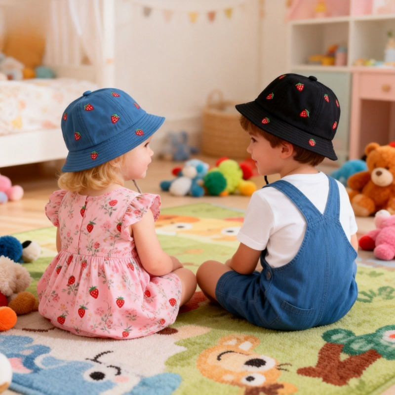 Girl Fisherman Hat with Strawb - Bucket Hat Cotton ulasan dan harga