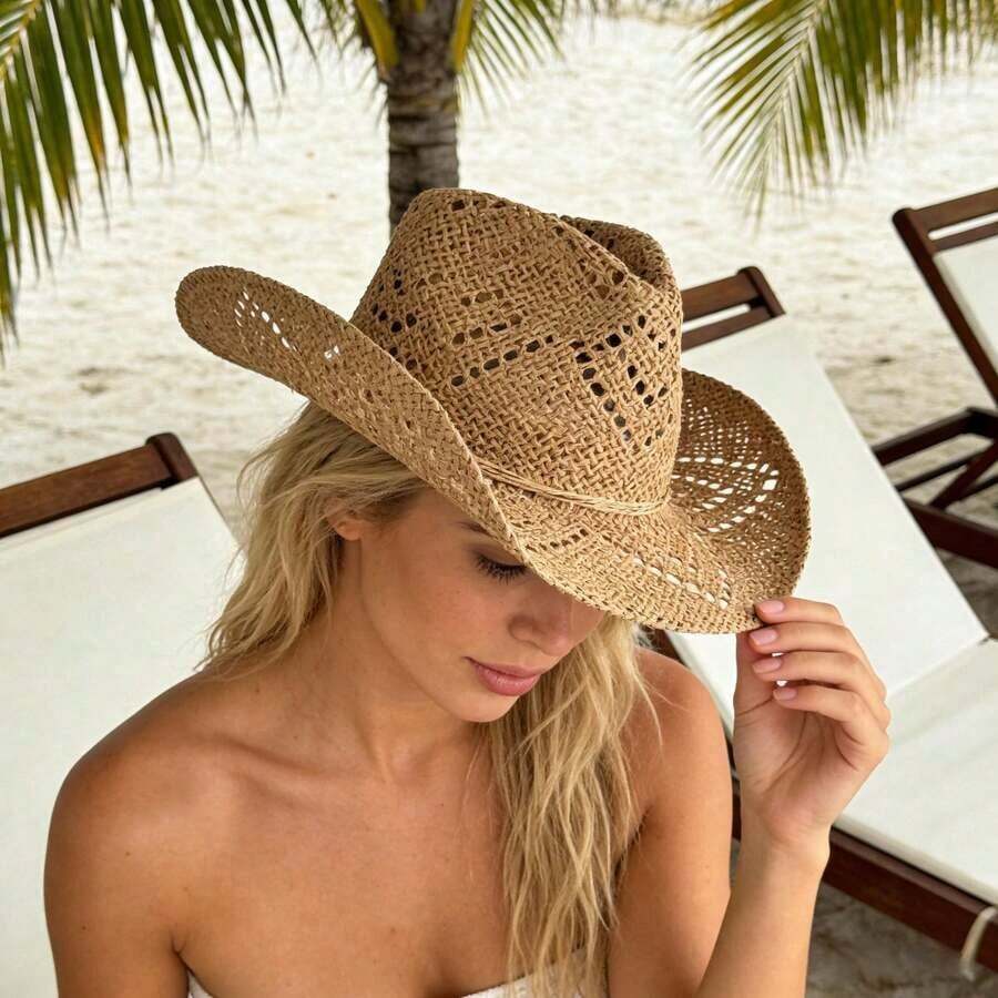 Hollow Straw Western Cowboy Ha - Cowboy Hat Straw ulasan dan harga