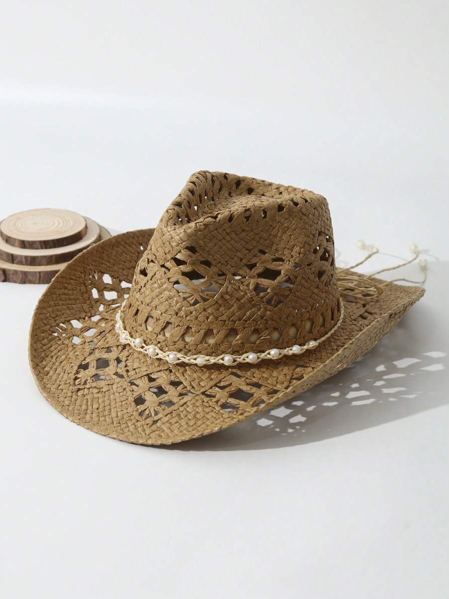 Unisex Straw Cowboy Hat With P - Cowboy Hat Straw ulasan dan harga