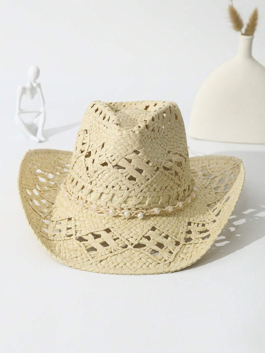Unisex Straw Cowboy Hat With P - Cowboy Hat Straw ulasan dan harga