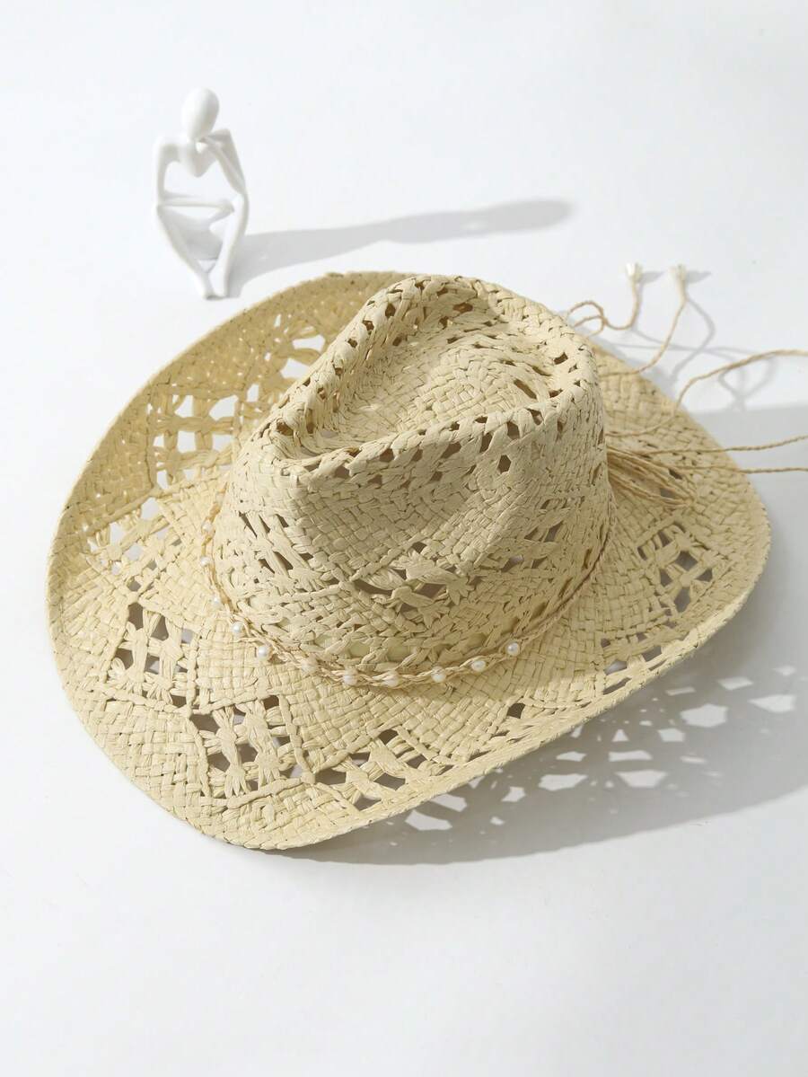 Unisex Straw Cowboy Hat With P - Cowboy Hat Straw ulasan dan harga